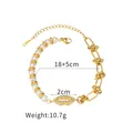 Detail of 18K gold plated lips charm bracelet with white pearls and chunky steel chain - Pearl Lip Patchwork Style (B1015)
