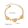 Detail view of gold hollow heart charms on a chain bracelet with size specifications - Hollow Heart Adjustable Style (B1005)