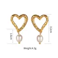 18K gold plated stainless steel heart earrings with textured finish and white pearls - Heart Pearl Studs