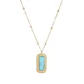 Detail of 18K gold necklace featuring a rectangle turquoise stone with embossed patterns - Rectangle Blue Stone Necklace