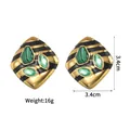 Vintage Goldohrringe mit schwarzem Emaille und grünem Malachit, 3,4 cm Größe - Retro Emaille Grüner Stein Gestreifter Stil (E757)
