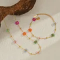 18K gold-plated stainless steel jewelry set with colorful floral beads and gold chain - Bracelet 1006 + Necklace 2071 Set / Gold