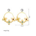 Gold stainless steel oversized hoop earrings with three flowers and white pearl detail - Large Floral Loop Colorful Stone Earrings (SFLE750)