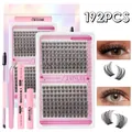 DIY cluster lash extension kit with 192 pieces, mixed lengths 10-16mm and tools - DIY-SET-358 / Lashes Bond Seal Remover Tweezer And Brush