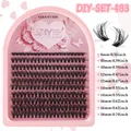 DIY cluster lash extension kit in a pink case with 10 rows of 8mm to 18mm black fluffy lashes - Style DIY-SET-483