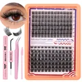 DIY individual eyelash extension kit with 175 clusters bond seal glue and tweezers - DIY-SET-542 (Mixed Style Pink Tool Kit)