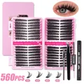 DIY eyelash extension kit with 560 clusters, pink case, tweezer, brush and 5g bond seal glue - Black Tools Set (DIY-JMS-116) / 560Pcs Mixed