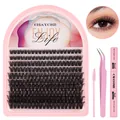 Kit de extensión de pestañas DIY con pestañas D-curl, pinzas rosas y pegamento dual bond - Pestañas y Juego de 3 Herramientas (DIY-SET-536) / Con Pegamento/Pinzas/Cepillo