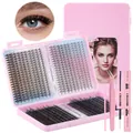 DIY cluster lashes extension kit with 800 clusters, bond and seal glue, tweezers and brush - Natural Long Full Set / DIY-JMS-141 With Pink 3-Piece Tool Set