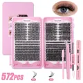 DIY cluster lash extension kit with pink case including 572pcs D-curl lashes and bond seal - 192 Style (With Pink Tools)