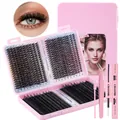 DIY cluster lashes set with pink box glue and tweezers in 9-16mm natural black - Segmented Dense Full Set / DIY-JMS-143 With Pink 3-Piece Tool Set