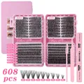 DIY cluster lashes set with 30D/40D volume including bond, seal, and tweezers in pink box - Diy-jms-158+ Pink [glue + Tweezers + Small Brush]