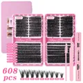 DIY cluster lash extension kit with 608 pcs 50D 60D black lashes and pink tools - Diy-jms-159+ Pink [glue + Tweezers + Small Brush]