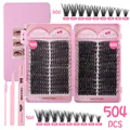 504er-Set DIY Einzelwimpern-Cluster mit 8-16mm Länge und rosa Pinzetten-Zubehör - 50D 60D Dichte Mit Werkzeugen Stil