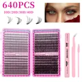 Kit di 640 ciuffi di ciglia finte individuali con colla, sigillante e pinzette - Stile di Densità 10D-40D (DIY-JMS-128) / Set di Attrezzi Rosa da 3 Pezzi
