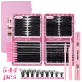DIY cluster eyelash extension kit with 544pcs 80D/100D lashes, bond and seal tool - Diy-jms-160+ Pink [glue + Tweezers + Small Brush]