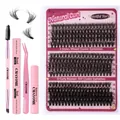 DIY Wimpernverlängerung Set mit D-Curl Clustern, Bond, Seal und rosa Werkzeugen - Russisch 30D+40D+50D Set (Mit Kleber/Entferner/Pinzette/Bürste)
