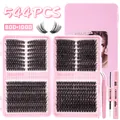 544pcs DIY eyelash extension kit with 80D and 100D lashes, pink tweezers and glue set - Diy Jms-184+ Pink [glue + Tweezers + Small Brush]