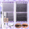 DIY eyelash cluster kit with 10-16mm extensions, bond, seal, and tweezers in a purple set - Cat Eye Natural Style (DIY-TZ163)