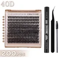Kit d'extension de cils DIY avec 200 grappes 40D, colle double embout et pince - Densité 40D / Kit avec Outils (Noir)