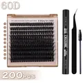 Kit d'extension de cils DIY avec grappes 60D denses, colle, pince et goupillon - Densité 60D / Kit avec Outils (Noir)