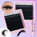DIY cluster lashes set with pink tweezers, glue, and brushes for natural volume - DIY-SET-619 Kit With Glue Tweezers Brush