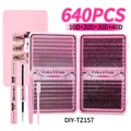 640pcs DIY cluster lash kit with pink tweezers bond seal and 9-16mm mix length lashes - 10D-40D Eyelash and Full Tool Set (DIY-TZ157)