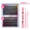 DIY cluster eyelash extension kit with 280pcs lashes, bond and seal glue, tweezers and brush - 30D and 40D Density Style and Pink Glue Tools Kit (DIY-SET-637+粉色胶水三件套)