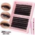 DIY eyelash extension kit with 204 clusters, pink tweezers and dual-ended bond seal glue - 80D+100D With Tools (DIY-SET-642)