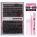 DIY eyelash extension kit with 280 clusters of D-curl lashes, tweezers and bond seal glue - 50D and 60D Dense Style and Pink Tools (DIY-TZ170)