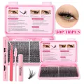 Kit d'extension de cils DIY de 418 pièces avec colle, dissolvant et pince rose - Densité 30 Rangées (418 Grappes) - Avec Kit d'Outils