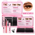 Kit d'extension de cils DIY avec grappes noires et outils de beauté roses - Densité 80 Rangées (374 Grappes) - Avec Kit d'Outils