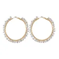 Gold wire wrapped hoop earrings featuring clear faceted crystal beads on white background - Circular Hoop (E832) / White