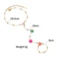 Detailed view of colorful floral finger bracelet showing exact 18+5cm and 10cm measurements - Four-Color Beaded Flower Hand Chain (1095-C) / Gold
