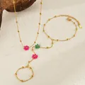 18K gold plated stainless steel jewelry set with colorful beaded floral accents - Bracelet B + Necklace B Set / Gold