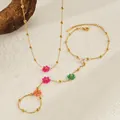 Bohemian gold plated 18K stainless steel slave bracelet with colorful beaded flowers - Bracelet C + Necklace B Set / Gold