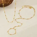 18K gold plated stainless steel bead chain necklace and hand chain set on rock background - Bracelet A + Necklace A Set / Gold