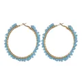 Golden hoop earrings with sky blue crystal beads in a stylish wavy dopamine design - Circular Hoop (E832) / Blue