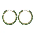 Large golden hoop earrings with dark green faceted beads in a bohemian crystal style - Circular Hoop (E832) / Green