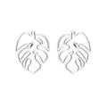 Macro detail of silver stainless steel monstera leaf earrings with hollow cutout design - Silver Leaves