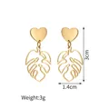 Golden heart stud earrings with hollow monstera leaf pendants, 3cm height and 3g weight - Gold Heart Leaf