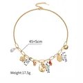 Edelstahl Halskette mit 18K Vergoldung, Tulpen, Perlen und Herzanhängern für Frauen - Tränenperle Und Hohlblume Stil (N2207-D)
