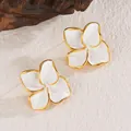 Elegant white floral stud earrings with gold edges and detailed petal texture - White
