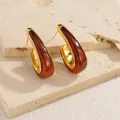 Boucles d'oreilles créoles vintage en plaqué or 18 carats avec résine ambre foncé - Marron