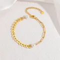 Elegant 18k gold plated wheat leaf and paperclip chain bracelet with pearls - Double Pearl Spliced Leaf Chain Style (CX-B1287-C)