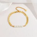 Elegant 18k gold wheat leaf bracelet with five white pearls and adjustable lobster clasp - Five Pearl Array Leaf Chain Style (CX-B1287-D)