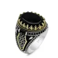 Anello con sigillo turco vintage da uomo con onice nera e finitura in argento S925 - US 6 / Tono Argento-Oro (Pietra Nera)