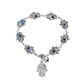 Silver Hamsa Hand and Evil Eye stretch bracelet with blue beads and small bell charm - Antique Silver (M-745)