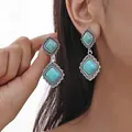 Bohemian style vintage turquoise drop earrings featuring ethnic silver hollow metalwork - Double Layer Rhombus Hollow Turquoise Style (A23-620)