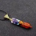 Seven chakra natural crushed stone hexagonal prism resin pendant with golden clasp - Hexagonal Column + Wax Cord